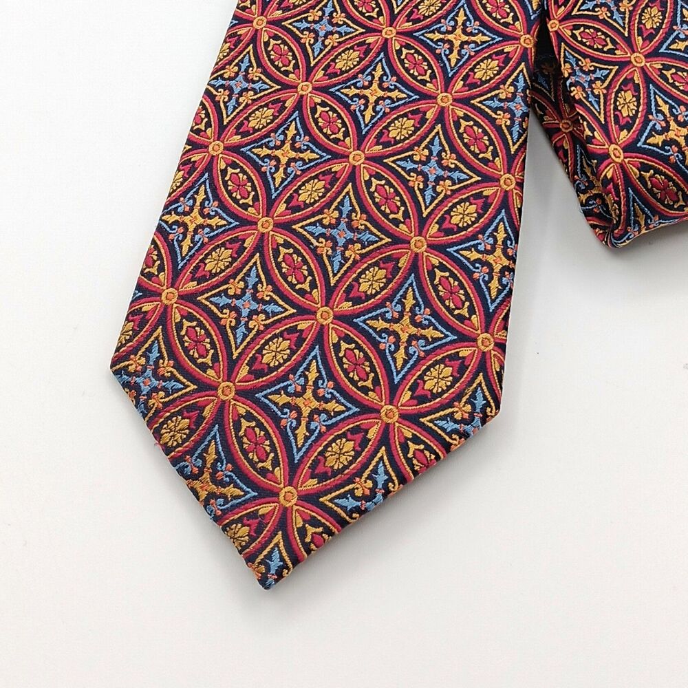 Haines & Bonner London Silk Tie Mens 60” Gold Red Geometric Art Deco Classic New